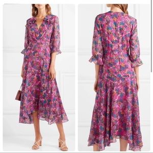 Saloni Edith V-Neck Silk Floral Dress Hot Pink Azalea Blue Size 2